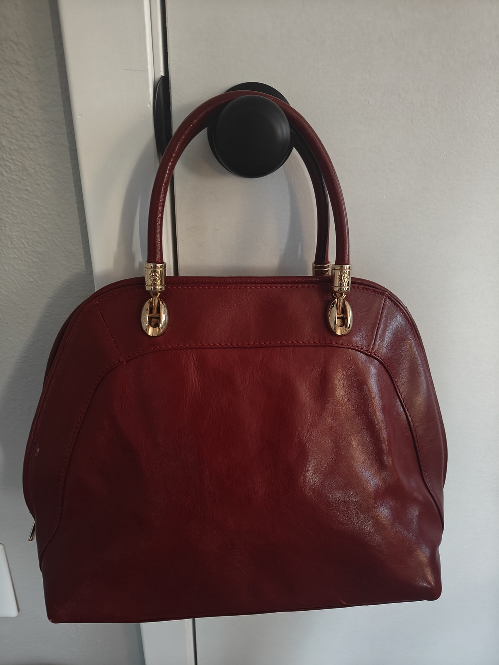Vintage Italian Genuine Leather Dome Satchel Bag Burgundy Made In Italy - Picture 9 of 14